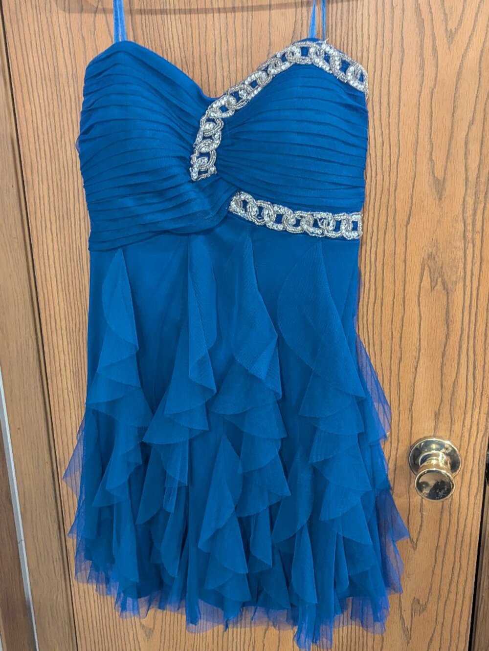 Blondie Nites Strap Optional Bead Ruffles Royal Blue/Silver Short Formal Gown-13